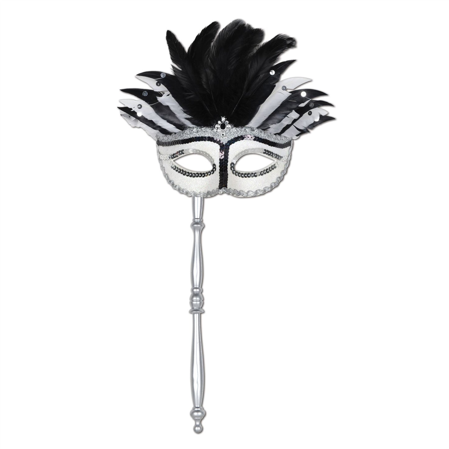 Beistle Black and White Feather Mask w/Stick - Mardi Gras | Party Supply