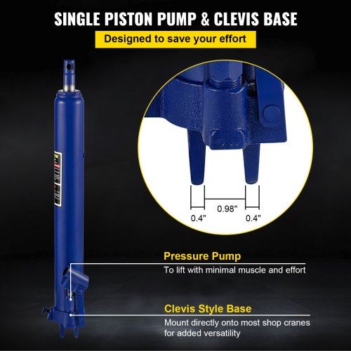 Hydraulic Long Ram Jack, 8 Tons/17363 lbs Capacity, with Single Piston Pump and Clevis Base, Manual Cherry Picker with Handle, for Garage/Shop Cranes, Engine Lift Hoist, Blue
