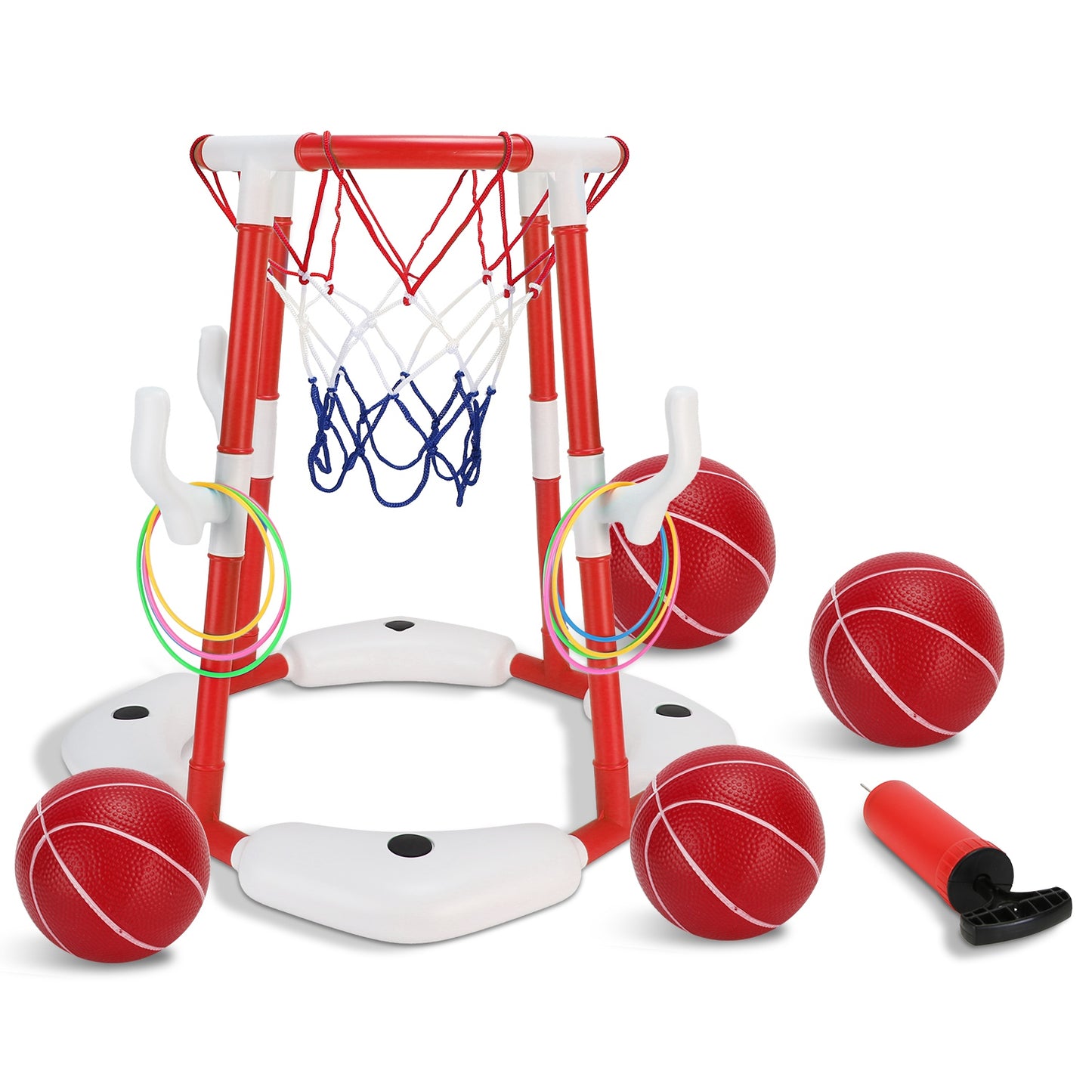 Summer Pool Basketball Hoop Toy Set With 4 Basketballs 4 Circles Pump Floating