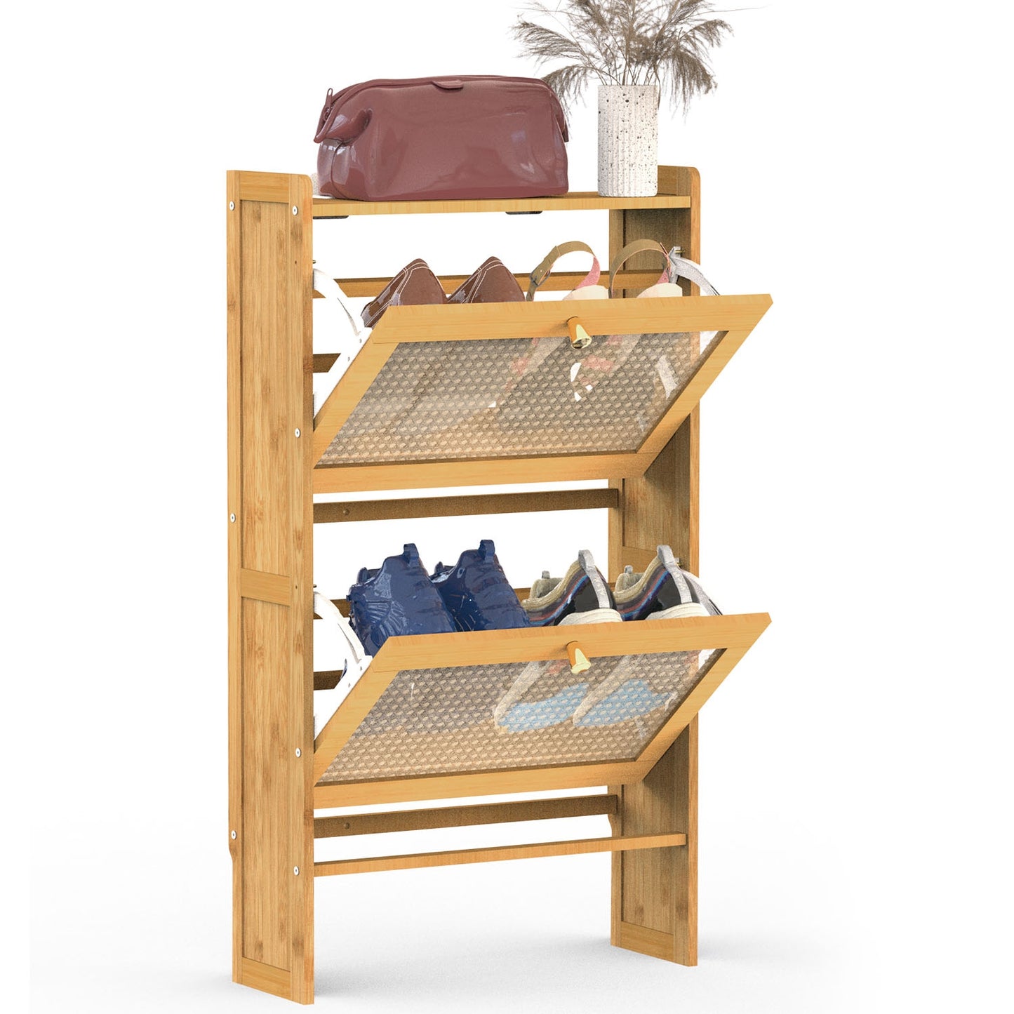 2-Tier Shoe Cabinet with 2 Flip Drawers Slim Bamboo Shoe Rack Freestanding