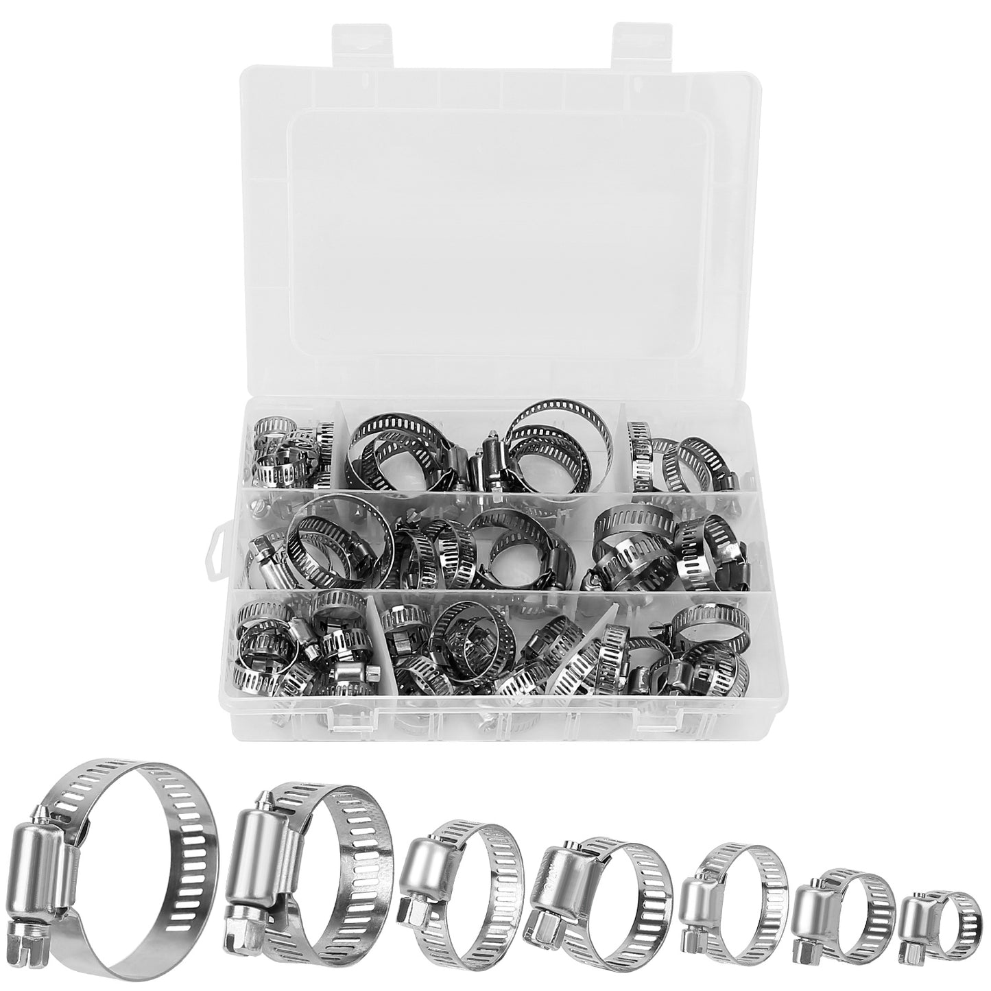 60Pcs Hose Clamp Set Stainless Steel Adjustable Worm Gear Assortment Pipe Tube