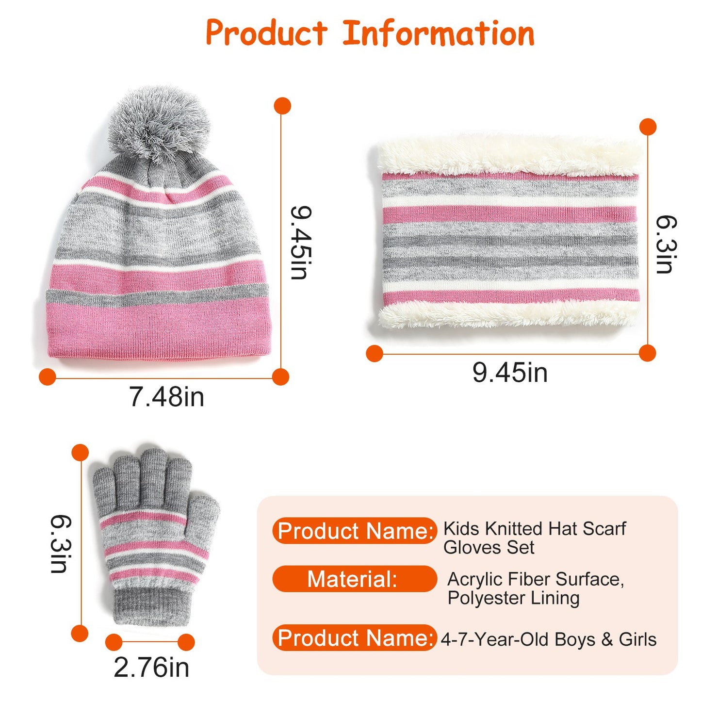 Winter Kids Knitted Hat Scarf Gloves 3Pcs Boys Girls Winter Warm Beanie Hat and