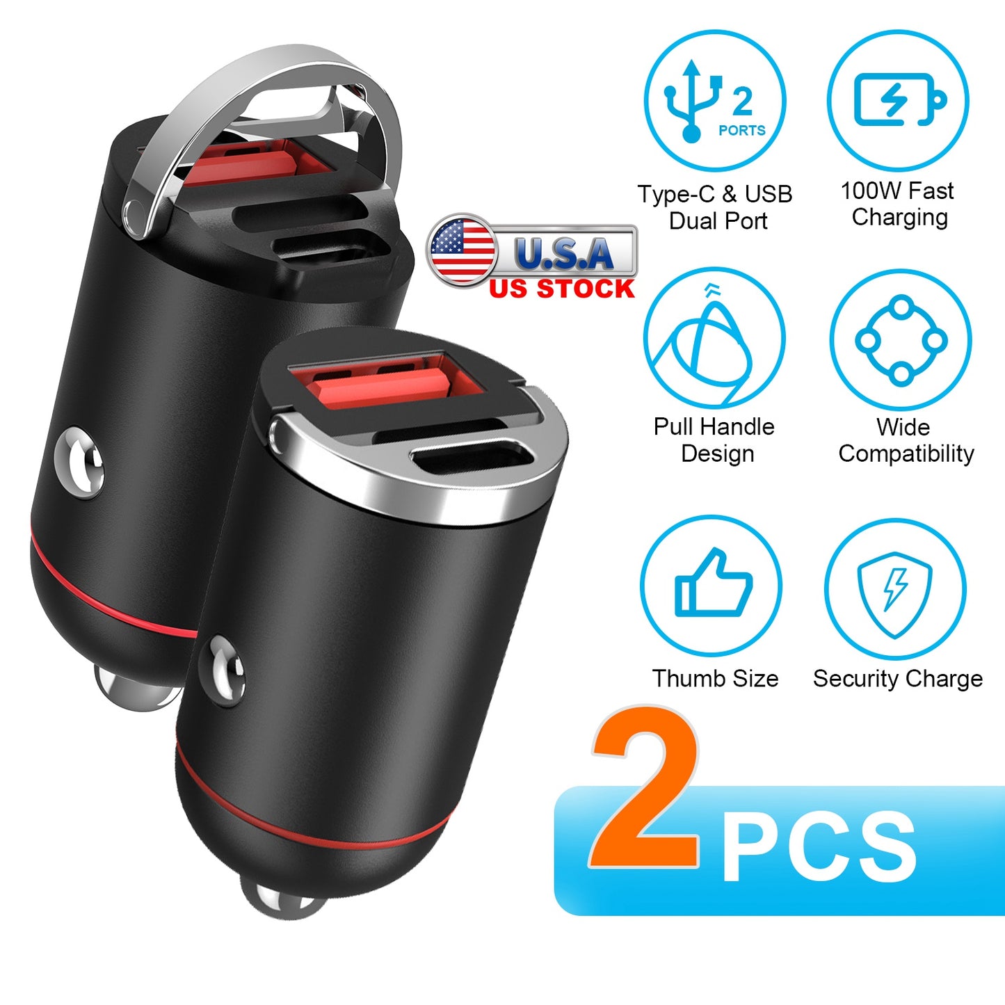 2Pcs 100W USB Type-C Car Charger QC4.0 PD3.0 USB Fast Charging Adapter Dual