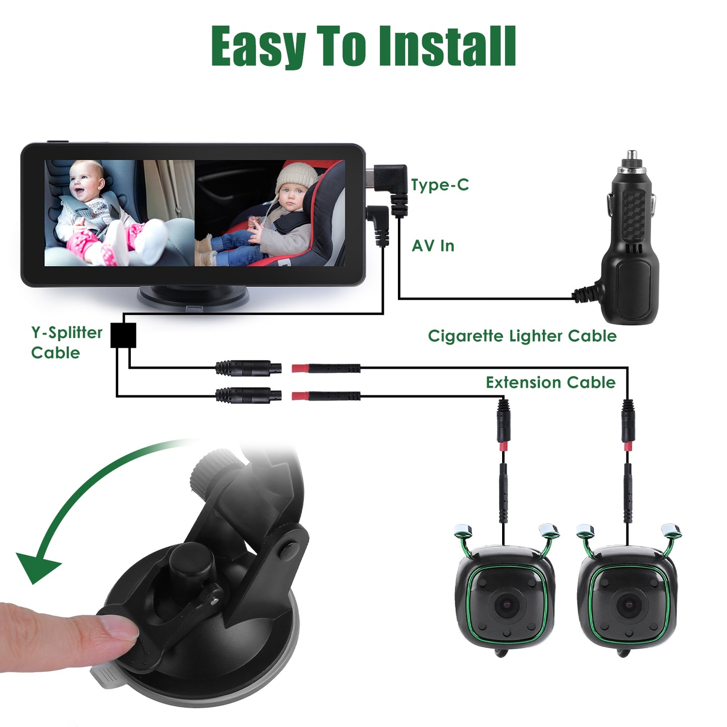 1080P Baby Car Camera for 2 Kids Dual Channel Car Baby Monitor Rear Facing Car