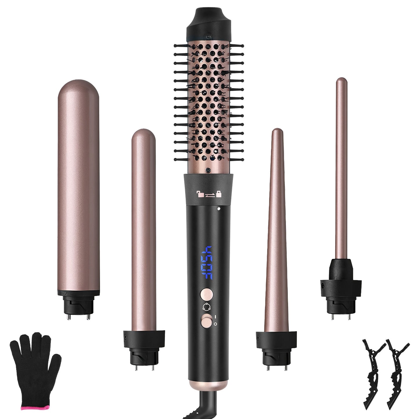 5 in 1 Curling Wand Hair Curling Iron Brush Hair Thermal Brush Curler with 4