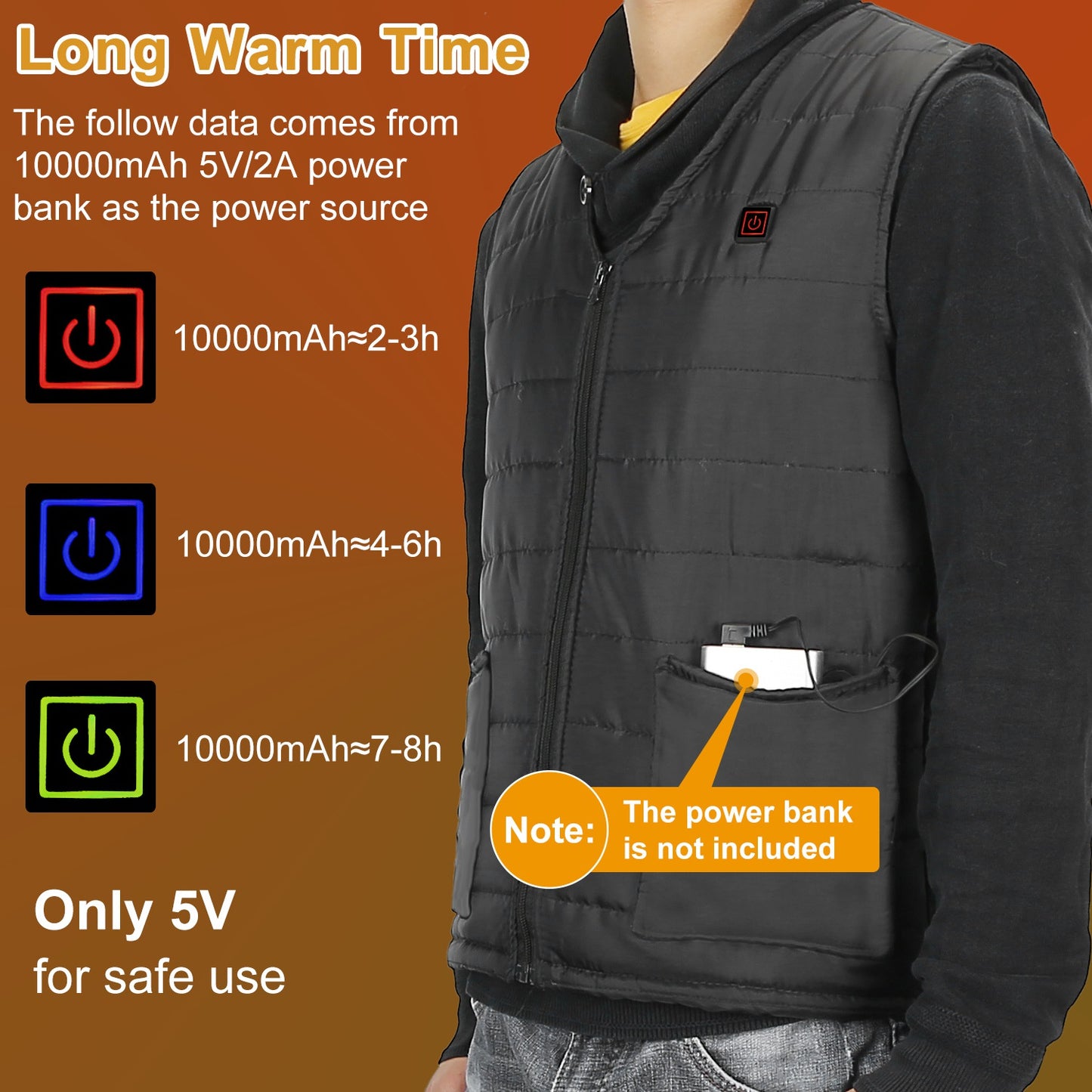 Heat Jacket Vest 3 Heating Gear Adjustable USB Heated Vest Warm Heat Coat Vest