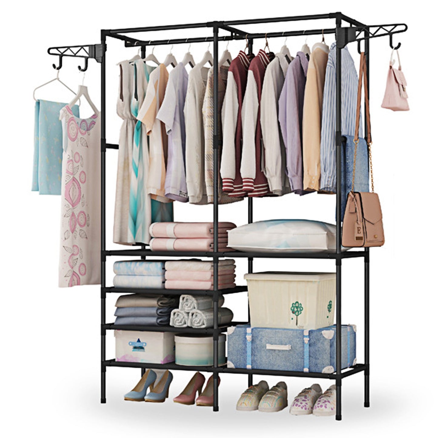 Metal Garment Rack Shoe Clothing Organizer Shelves Freestanding Multifuncti 6207