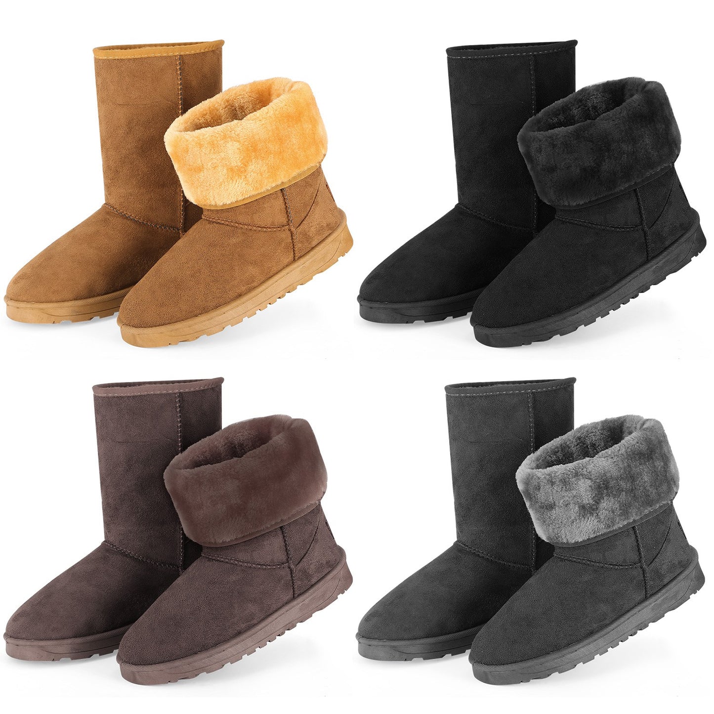 Women Ladies Snow Boots Waterproof Faux Suede Mid-Calf Boots Fur Warm Lining