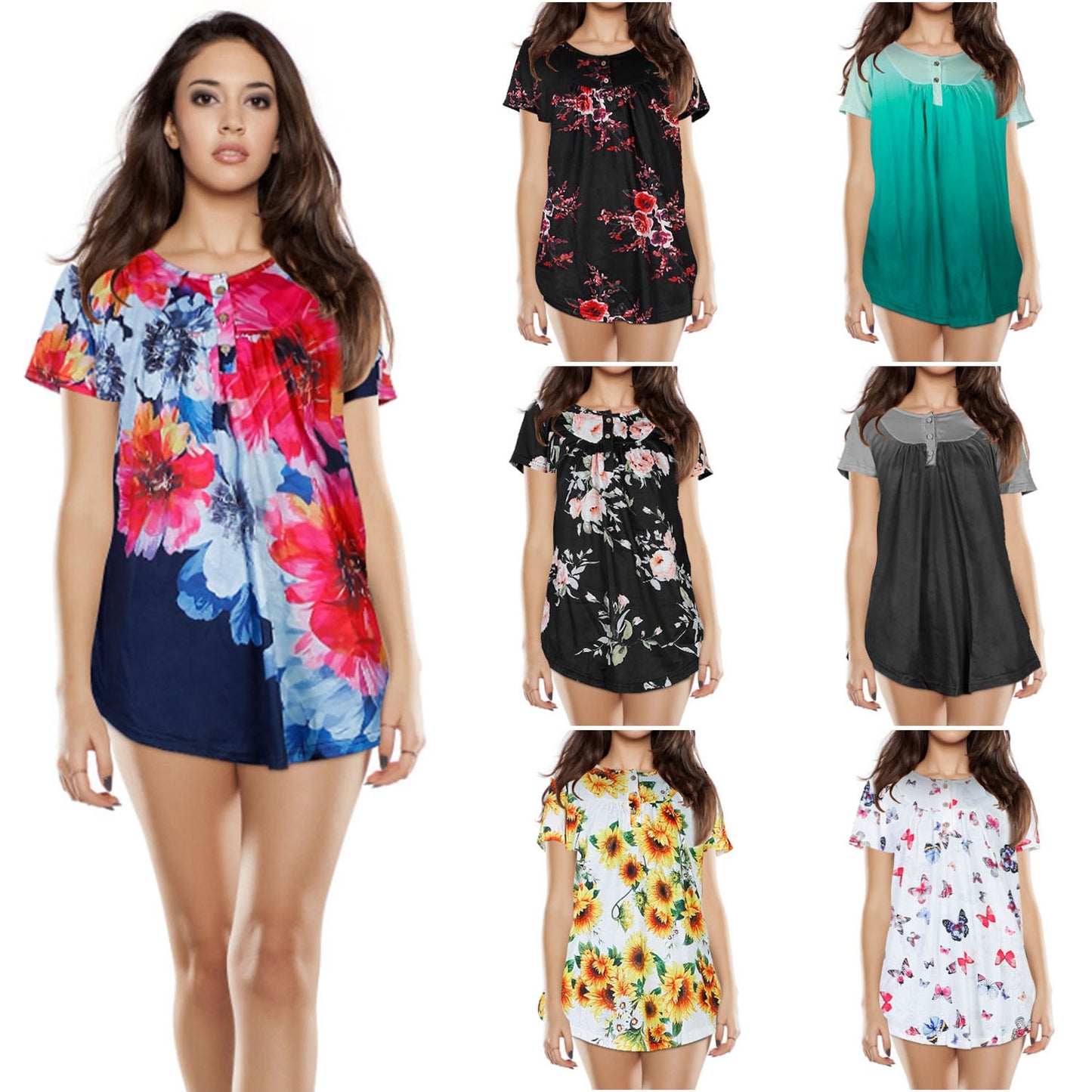Women Summer Shirts Tops Loose Short Sleeve T Shirts Casual Floral Printed