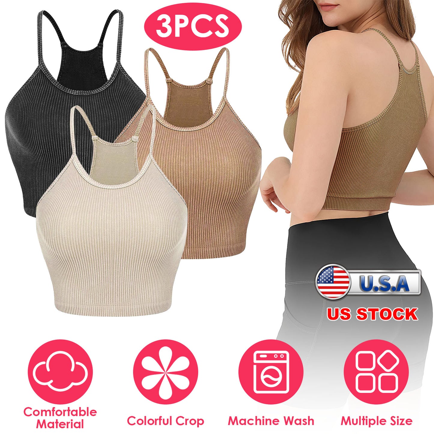 3 Pack Women Crop Basic Tank Top Ribbed Knit Sleeveless Round Neck 9 Color