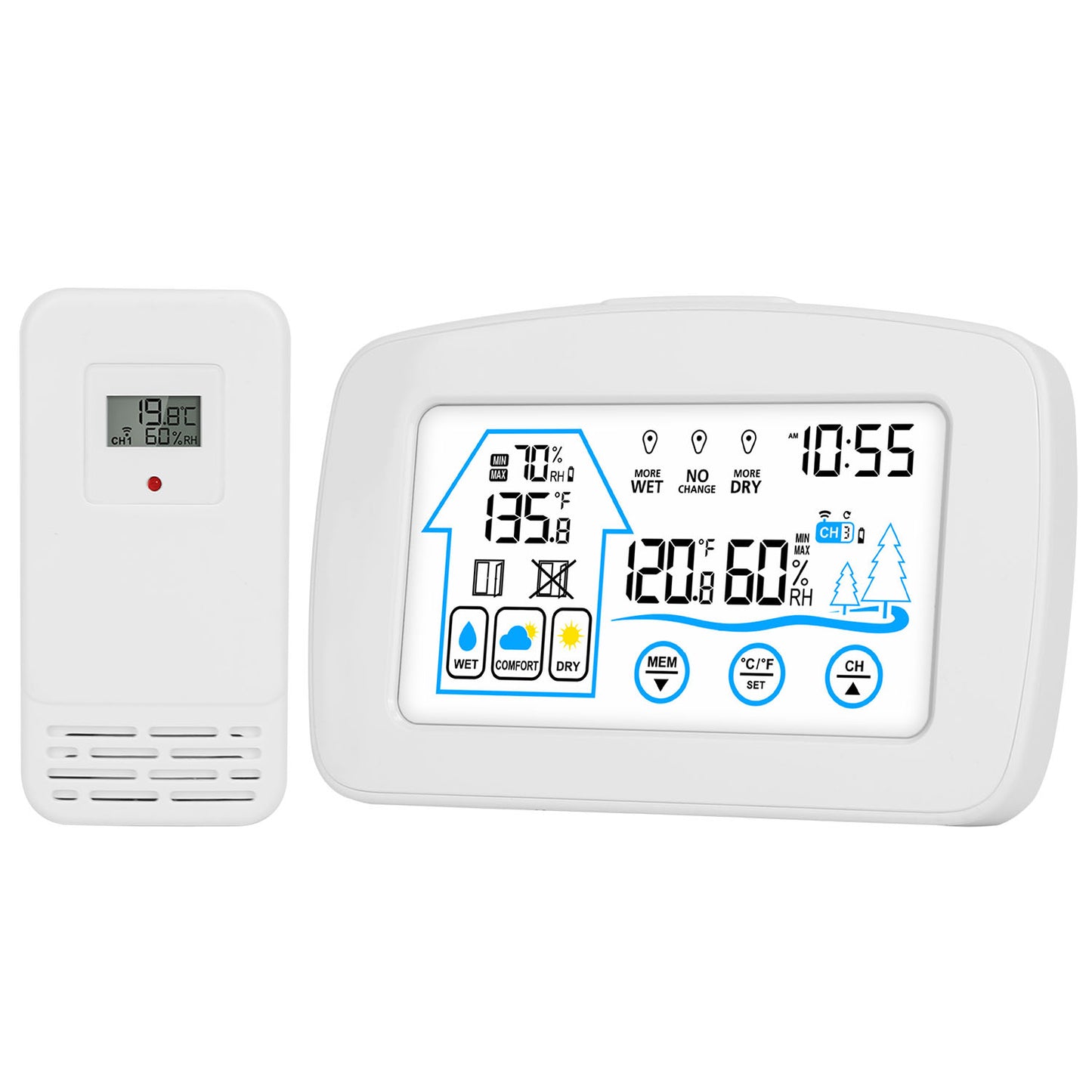 Wireless Weather Station With Clock 196FT Range Indoor Outdoor Thermometer