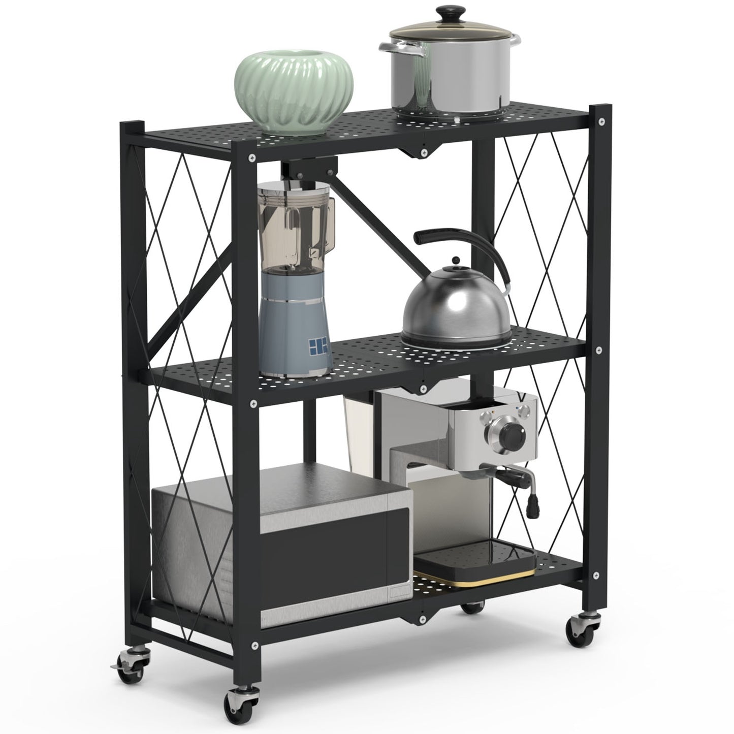 3-Tier Foldable Storage Shelf With Lockable Wheels No Assembly Rolling Utility