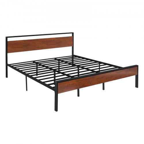 King Size Bed Frame 14 Inch Black Metal Platform Bed Frame with Retro Brown