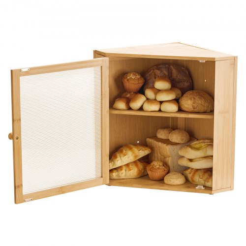 Corner Bread Box for Kitchen Counter Double Layer Large Capacity Bamboo