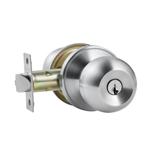 Keyed Entry Door Knob Satin Nickel With Round Ball Exterior Thumb Turn Lock