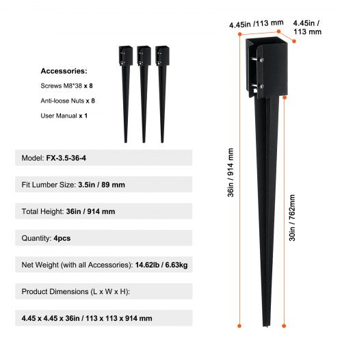 Fence Post Anchor Ground Spike 4 Pack 36 x 4 x 4 Inches Outer Diameter