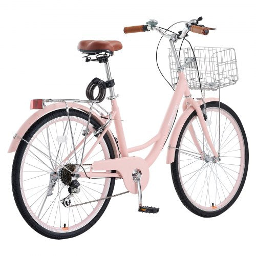 Cruiser Bike 7Speed 26Inch Pink Beach With Large Capacity Basket And Rear Rack