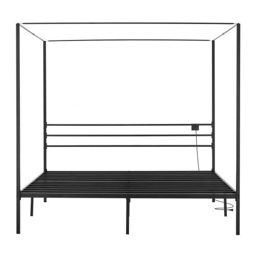 King Size Canopy Bed Frame Metal With Charging Station And Four Posters Design