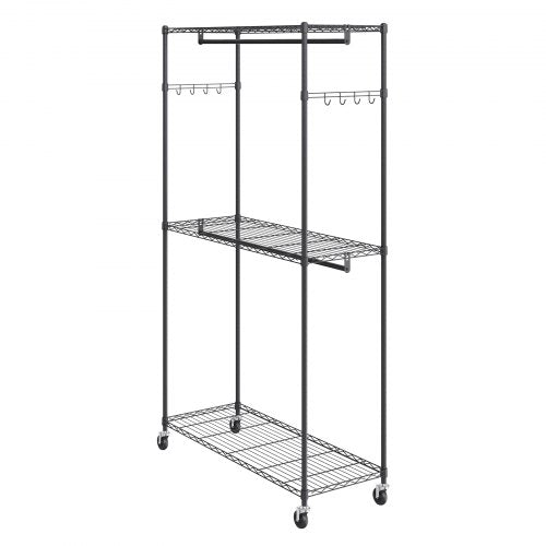 Heavy Duty Clothes Rack Rolling Clothing Garment Rack with 3 Storage Tiers