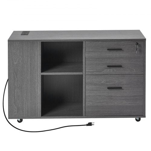 3 Drawer Wooden File Cabinet Mobile Filing Cabinet with Power Strip 1