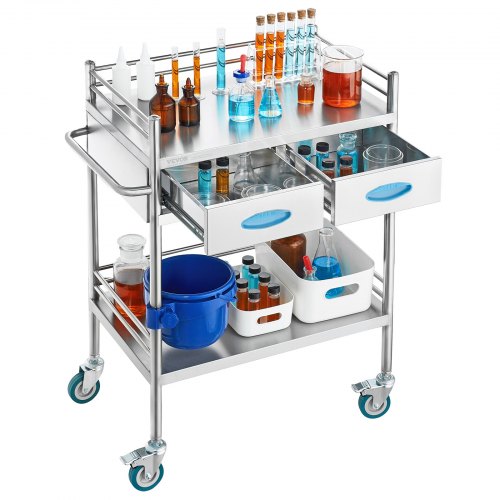 Lab Serving Cart 2 Layers Stainless Steel Utility Rolling Cart Medical