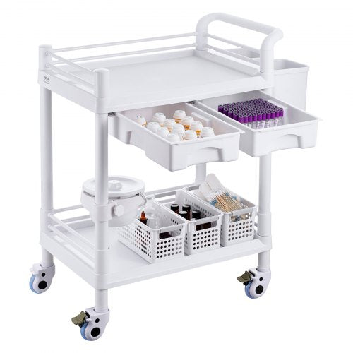 2 Tiers Lab Carts Lab Utility Cart with 2 Trays 2 Drawers 4 Silent