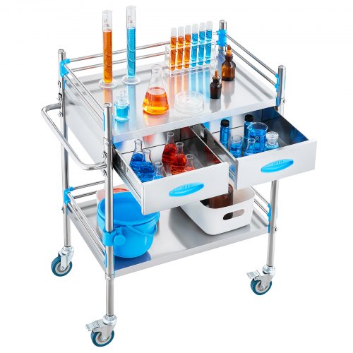 Service Cart 2 Layers Stainless Steel Utility Rolling Cart Medical Cart