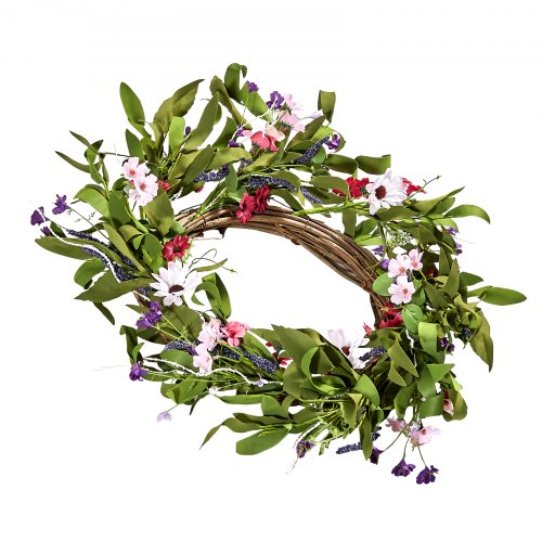 Artificial Decorative Wreath 22 in Pink Green Decorated with Daisies
