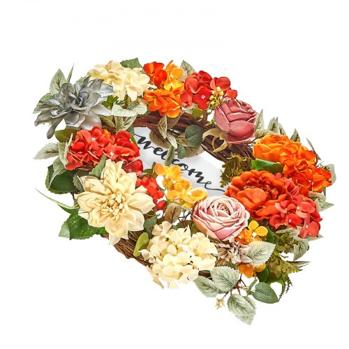 Artificial Decorative Wreath 24 in Red Orange Yellow Decorated with Hydrangeas