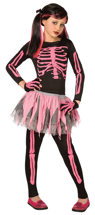 Girls Pink Punk Skeleton Costume - Large | Halloween Decoration