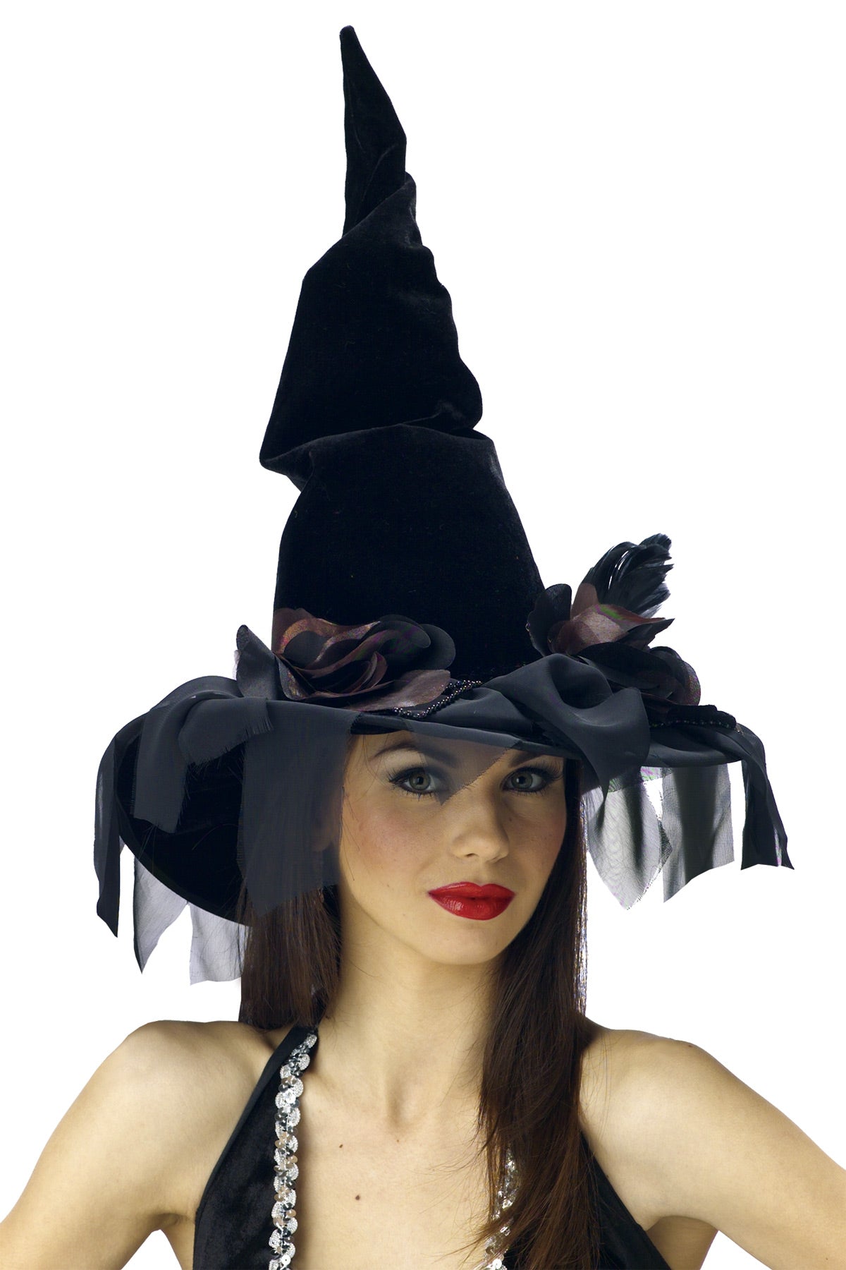 Adults Deluxe Black Velour Witch Hat with Rose & Veil