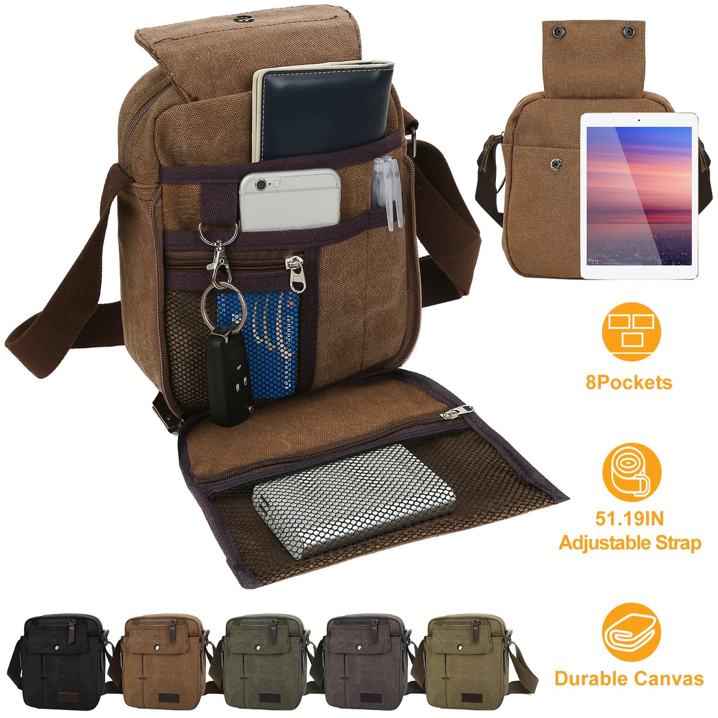 Unisex Crossbody Bags Canvas Phone Tablet PC Shoulder Bag Credit Card Key