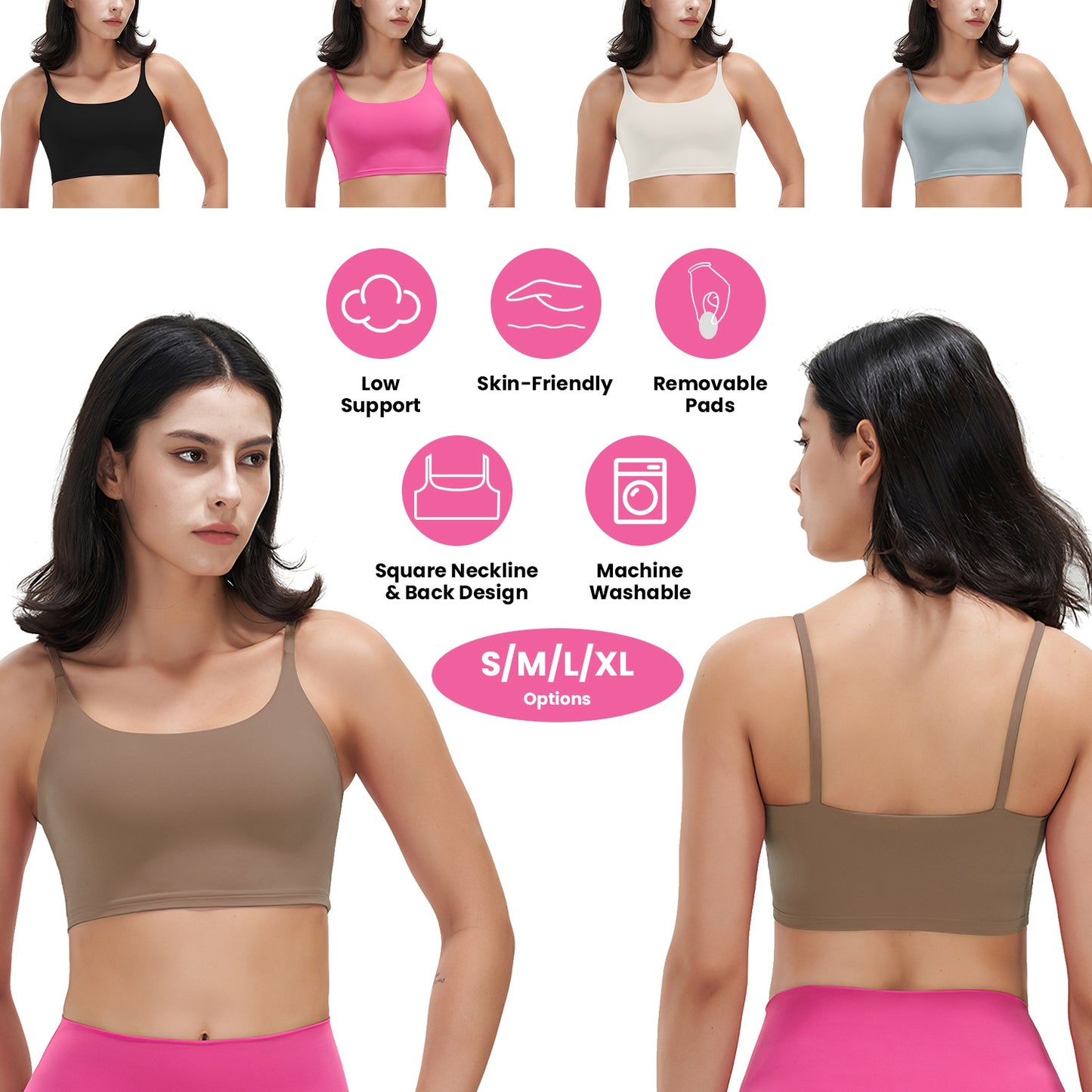 Women Strap Sport Bras Padded Strappy Crop Square Neck Low Impact Bras Sexy