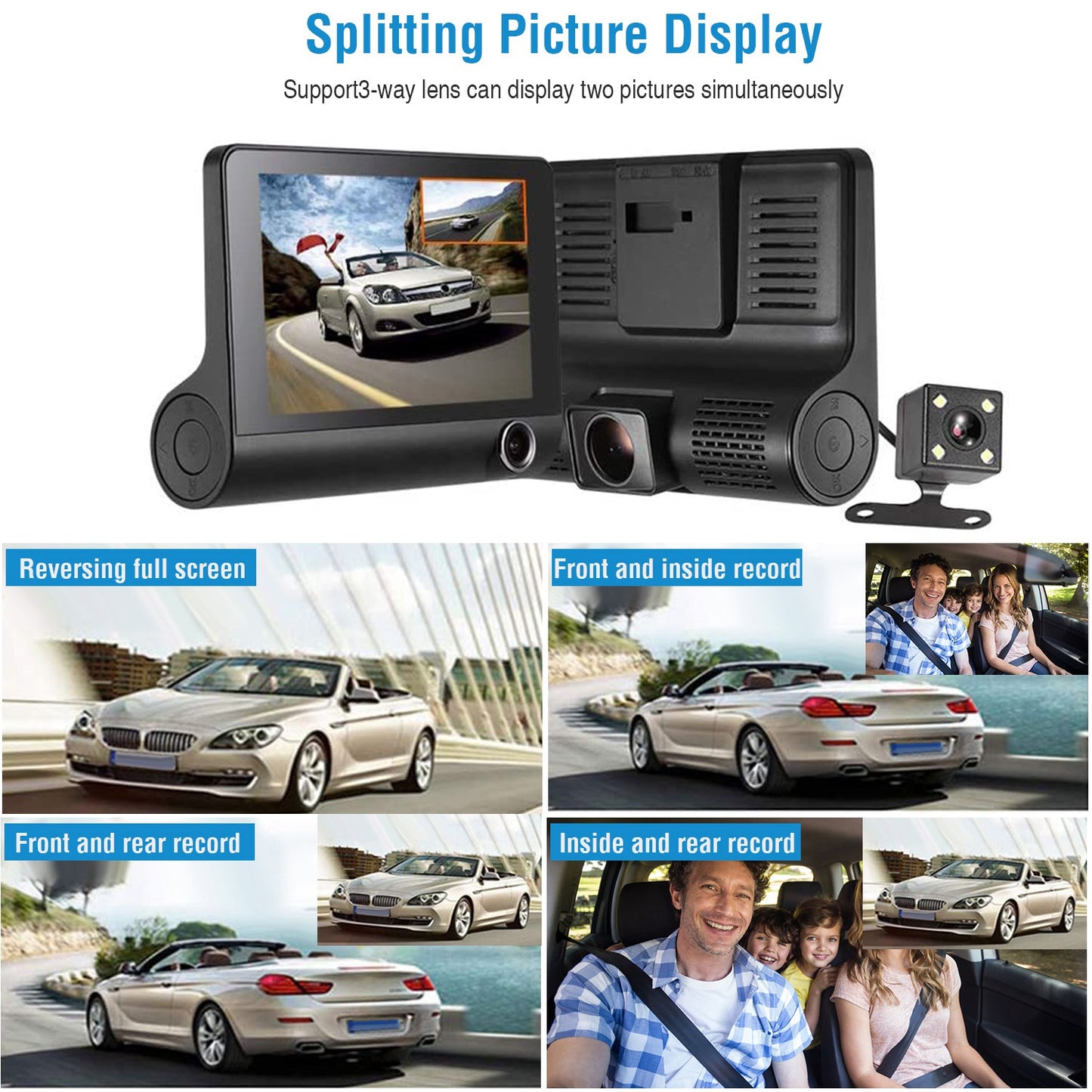 1296P Car DVR Dash Camera 4In 3 Lens Vehicle Driving Recorder Seamless