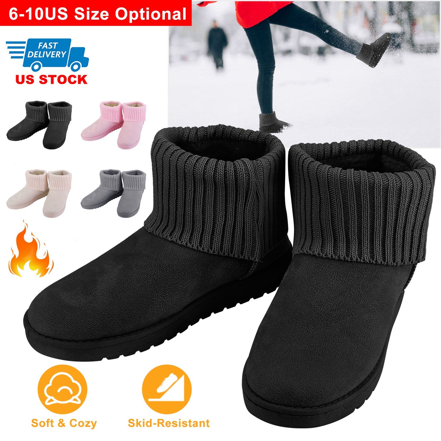 Women Lady Snow Boots Suede Mid-Calf Boot Shoe Short Plush Warm Lining Shoes w/