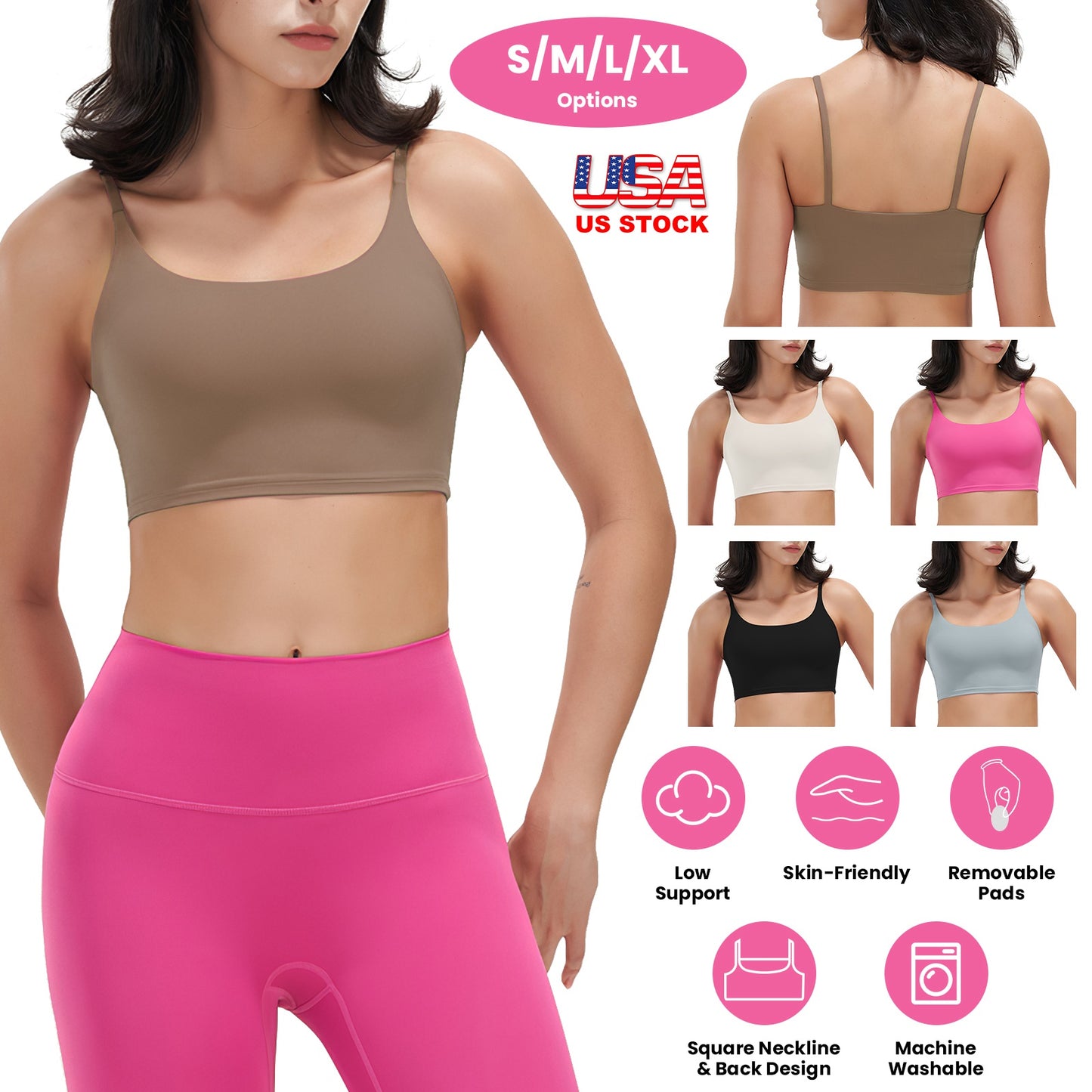 Women Strap Sport Bras Padded Strappy Crop Square Neck Low Impact Bras Sexy