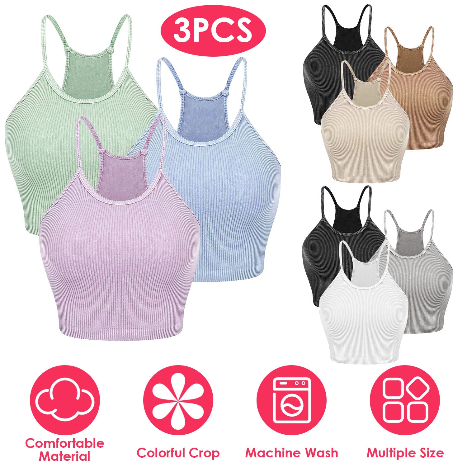 3 Pack Women Crop Basic Tank Top Ribbed Knit Sleeveless Round Neck 9 Color