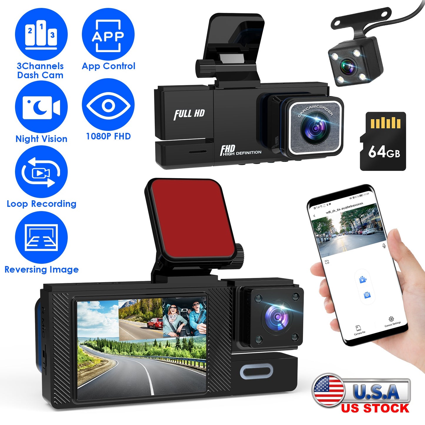 WiFi FHD 1080P Car Dash Cam 3 Channels Front Rear Inside Dash Camera with Loop