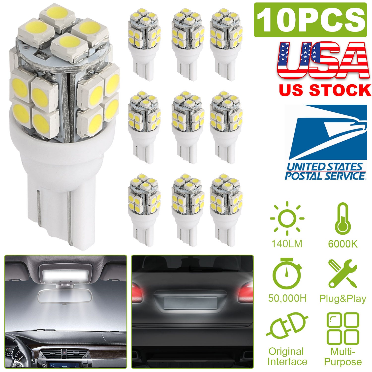 10Pcs 12V T10 LED Light Bulb Wedge Base Interior Dome Map LED Lights License