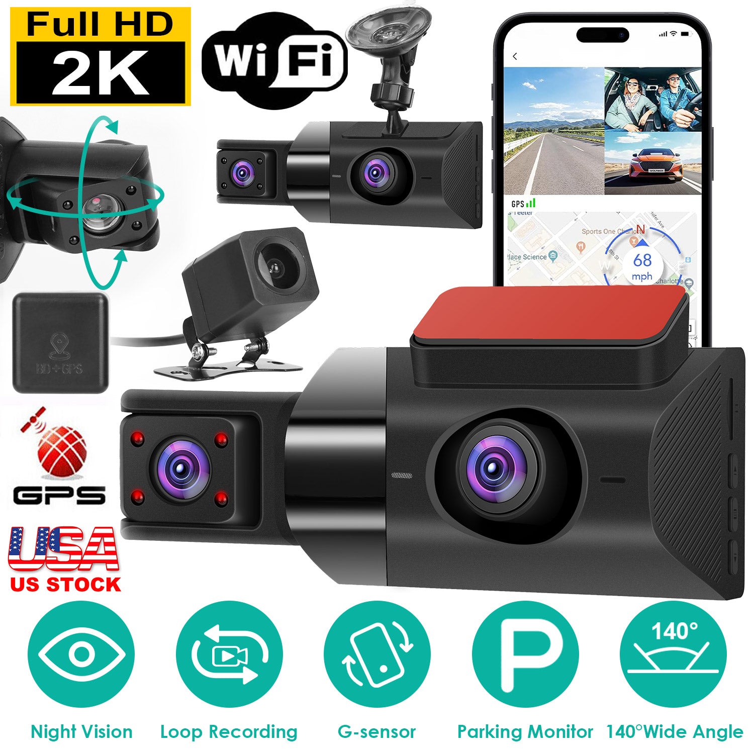 2K Car DVR 3 Channel Dash Cam Camcorder Camera Recorder with 140° Angle GPS