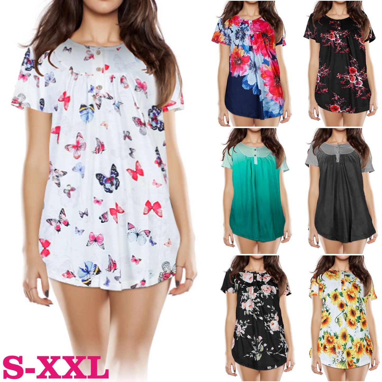 Women Summer Shirts Tops Loose Short Sleeve T Shirts Casual Floral Printed