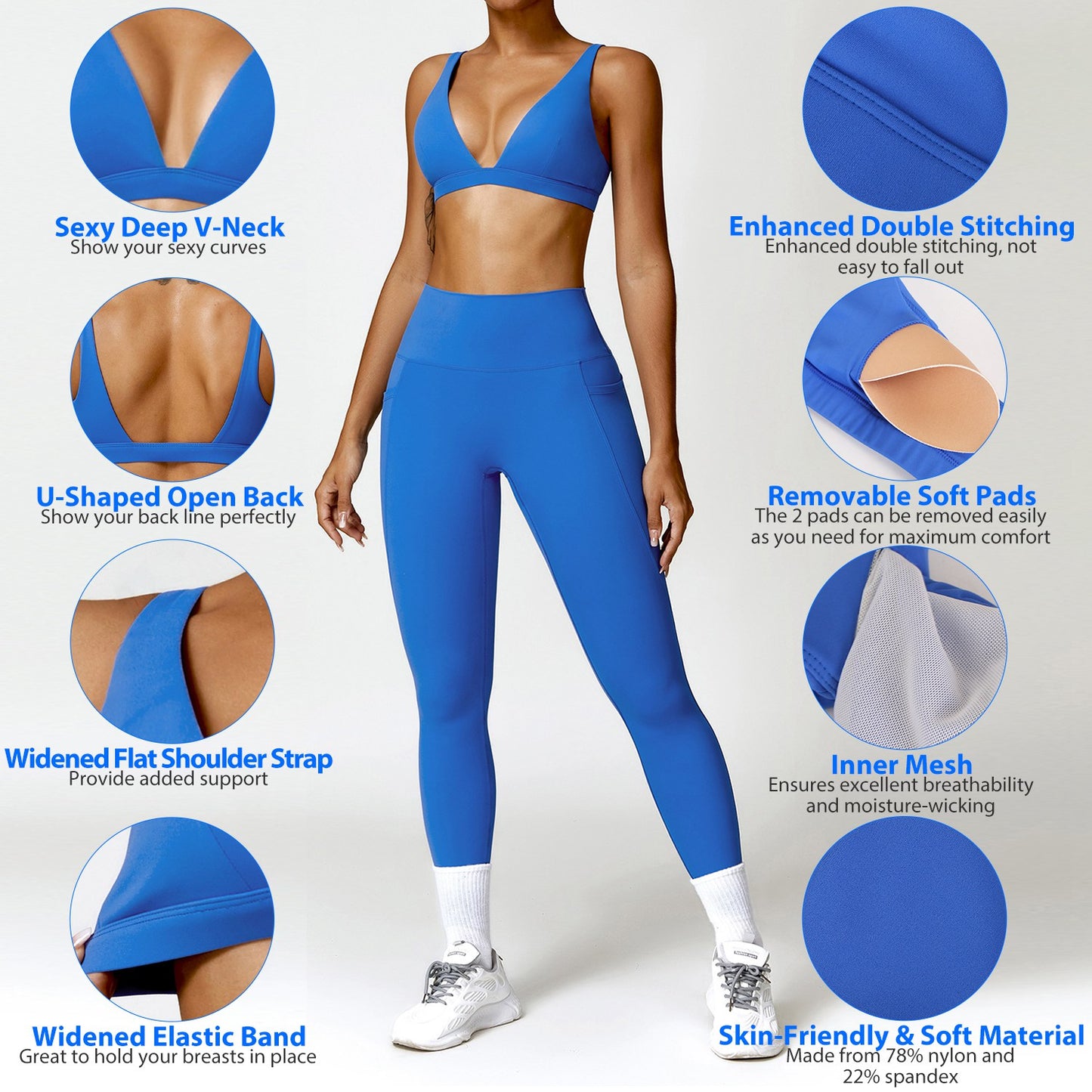 Women Deep V-Neck Sports Bras U-Shaped Back Sport Bras Padded Strappy Crop Open