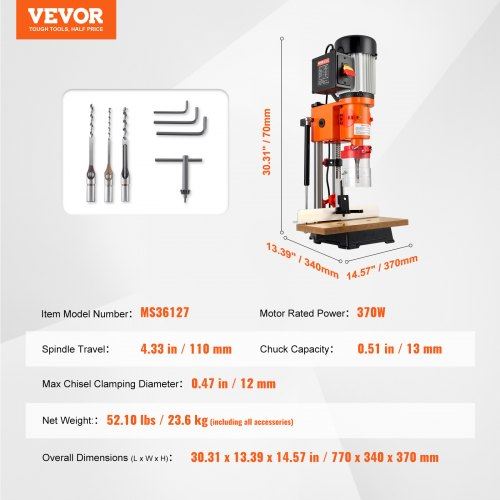 Benchtop Mortise Machine 370W 1725 RPM Woodworking Mortising Machine with 1