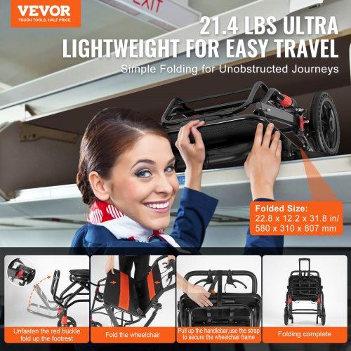 Wheelchair Aluminum Alloy Transport Chair Foldable 18-In W Seat 220lbs