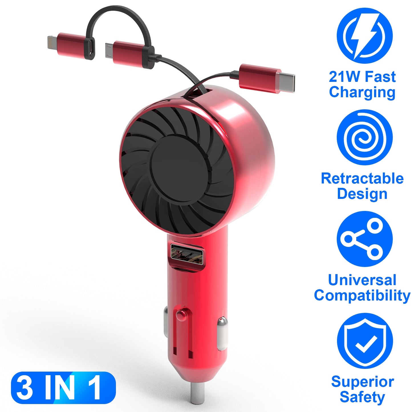 21W 3 In 1 Retractable Car Charger Fast Car Charger Mini Car Phone Charger with