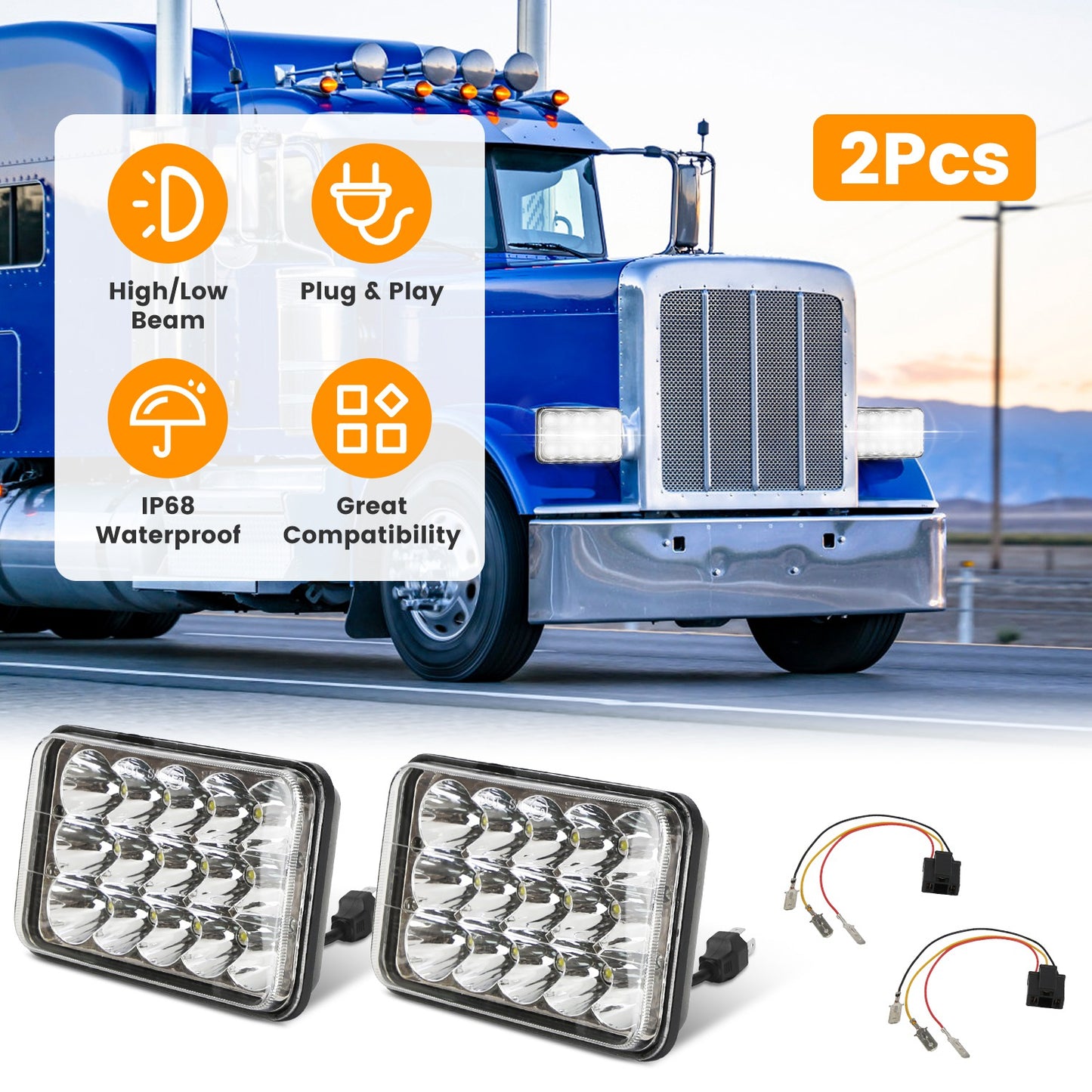 4x6in Car LED Headlights Vehicle Rectangular Headlamp with H4 Socket