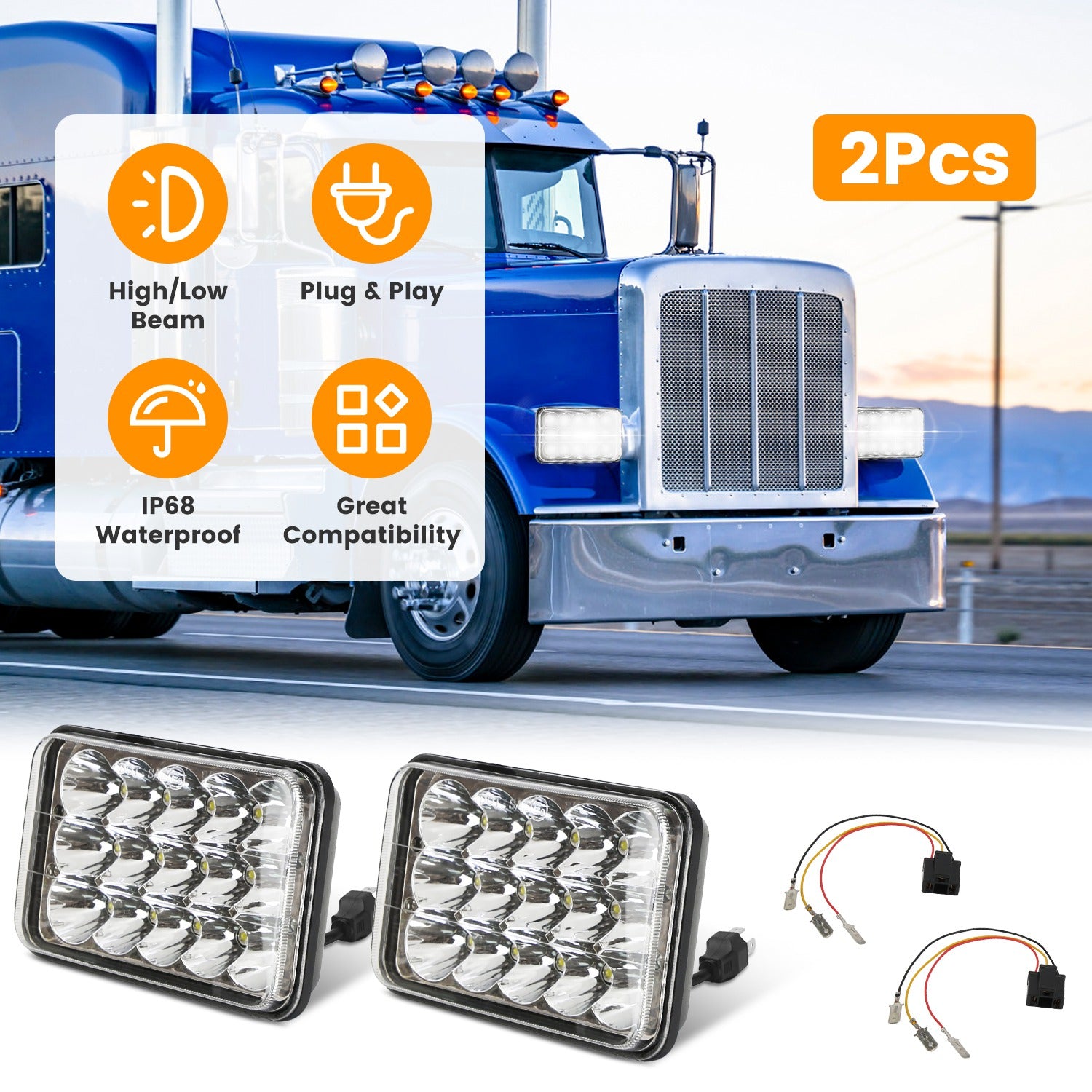 4x6in Car LED Headlights Vehicle Rectangular Headlamp with H4 Socket