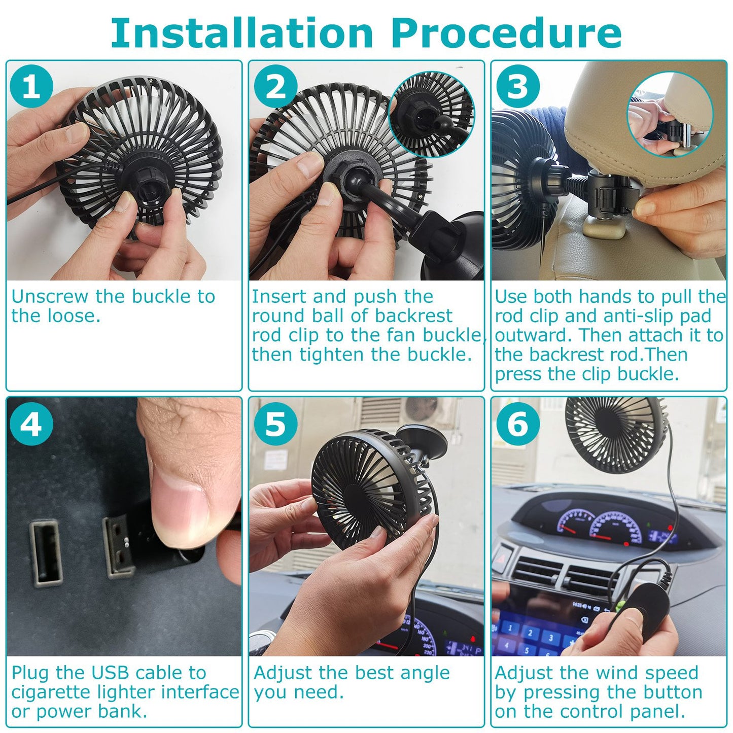 Car Cooling Fan Portable Rotatable USB Vehicle Fan Backseat Clip Fan Dashboard