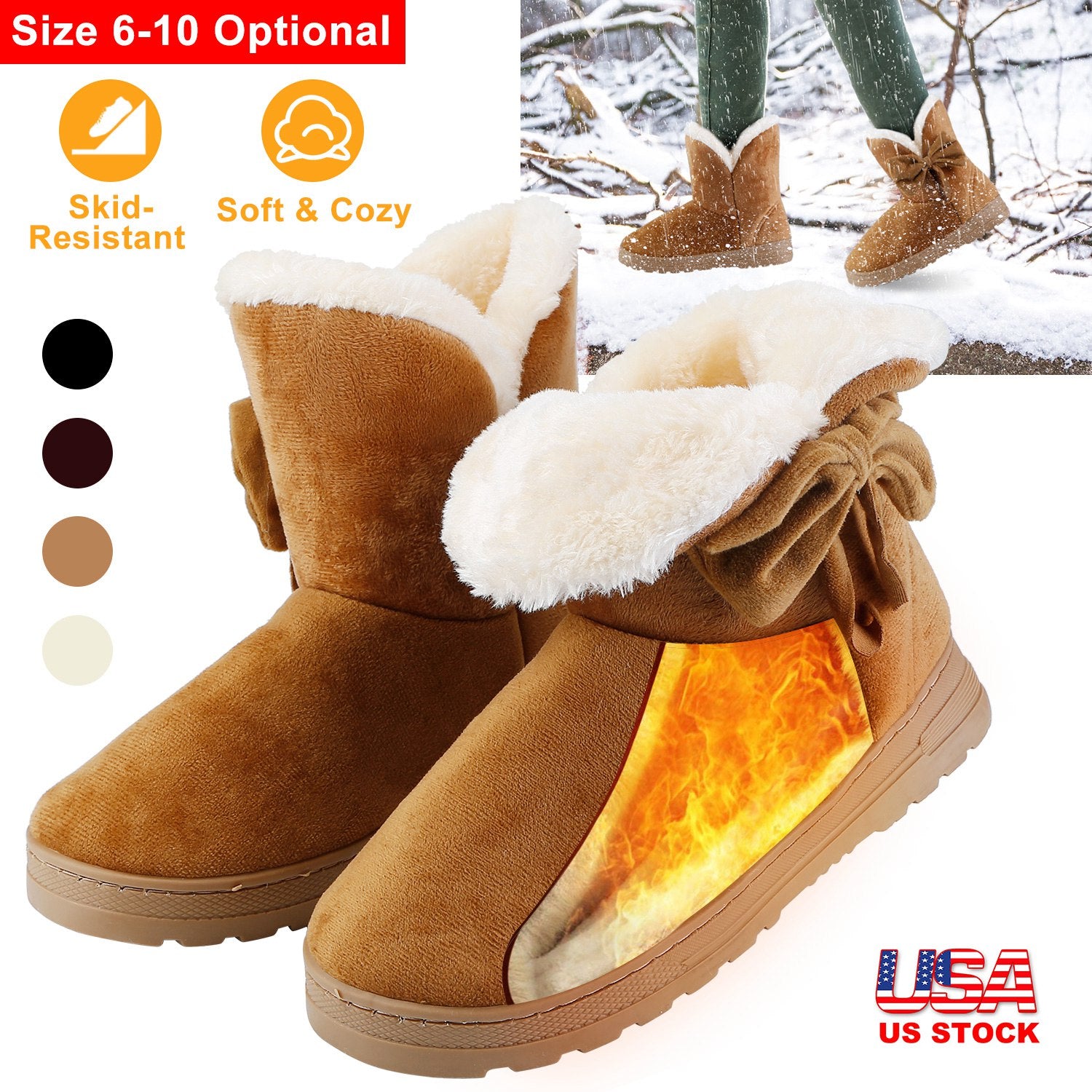 Women Ladies Snow Boots Super Soft Fabric Mid-Calf Winter Shoes Thickened Plush