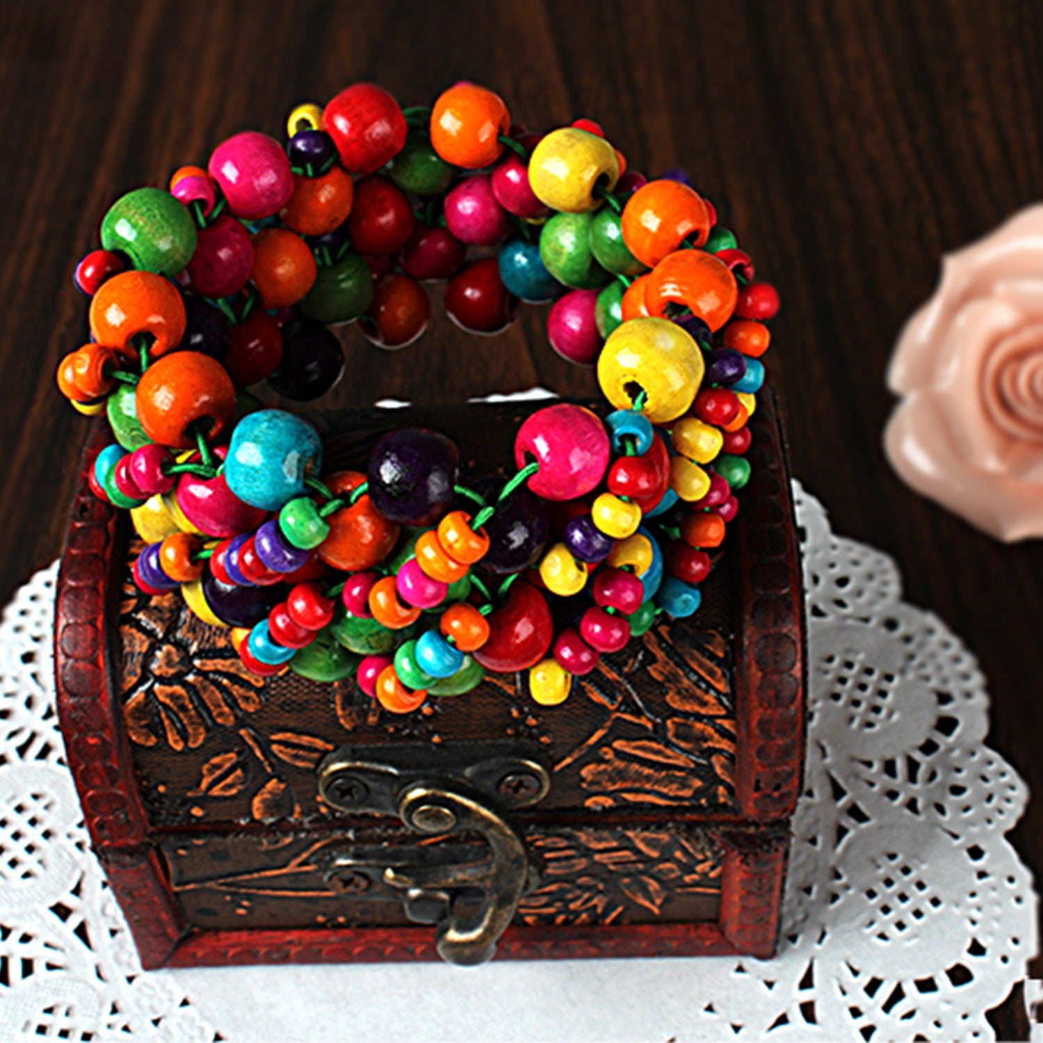 Multi-Color Wooden Beaded Stretchy Bracelet Colorful Exotic Style Elastic